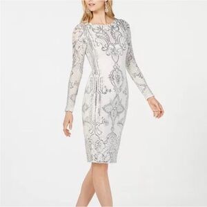 Betsy & Adam Cream Silver Sequin Art Deco Sheath Dress 10P